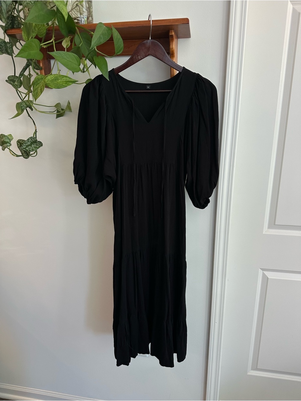 Black Puff-Sleeve Midi Dress -  Women